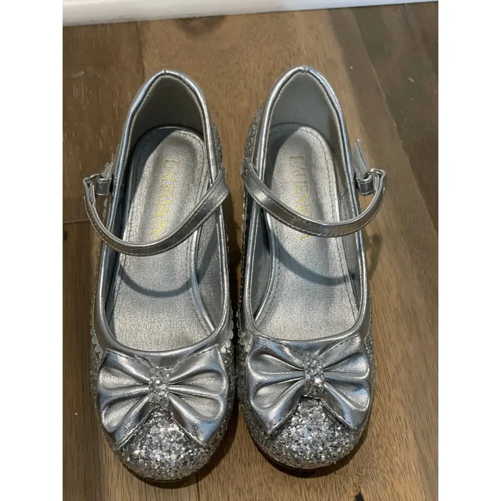 Laurmosa Girls Silver Glitter Mary Jane Shoes Size 13 Low Heel Bow Detail